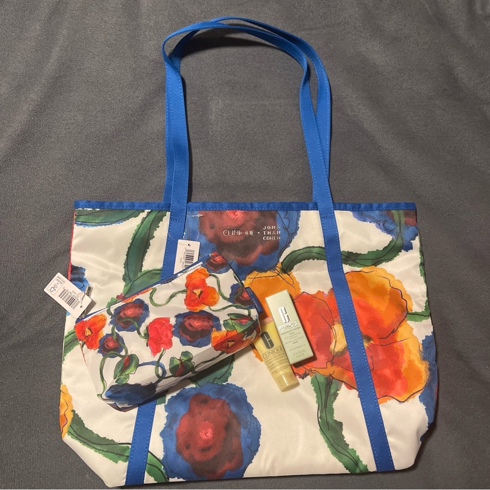 Clinique Floral Canvas Tote with Bright Blue Straps